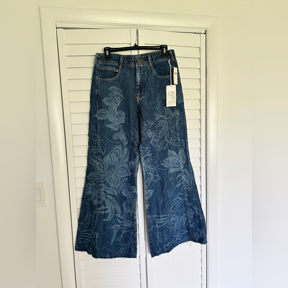 Pilcro Blue Floral Wide-Leg Flare Jeans - Picture 4 of 11